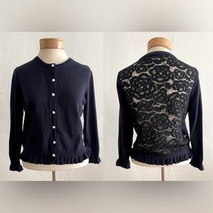 KARL LAGERFELD NAVY BLUE CARDIGAN KNIT SWEATER TOP LACE FAUX PEARL BUTTONS SMALL